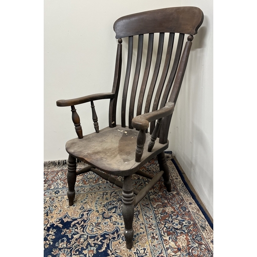 489 - Victorian ash and elm slat back kitchen Windsor type arm chair, on turned supports with stretcher, s... 