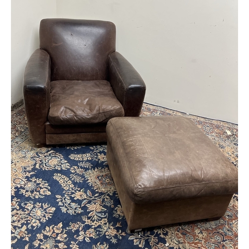 490 - Club type brown leather upholstered arm chair, with loose seat cushion, W87cm D88cm H80cm and matchi... 