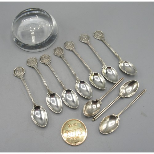 563 - Seven hallmarked Sterling silver teaspoons with golfing finials, engraved 'Basil little Trophy 1990'... 