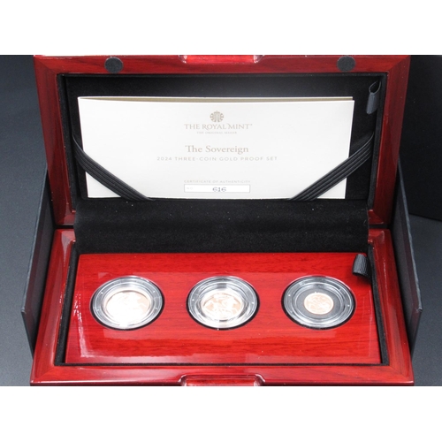 167 - The Royal Mint The Sovereign 2024 Cased Three-Coin Gold Proof Set, including full sovereign, half So... 