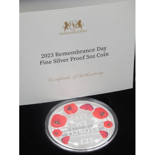 185 - Harrington & Byrne 2023 Remembrance Day Fine Silver Proof 5oz Coin, Ascension Island, with certifica... 