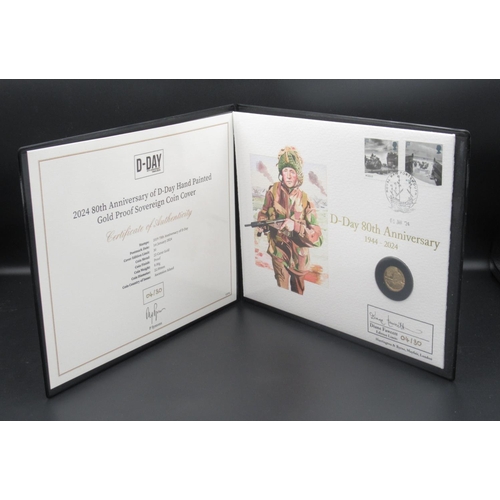 186 - Harrington & Byrne 2024 80th Anniversary of D-Day Hand Painted Gold Proof Sovereign Coin Cover, limi... 