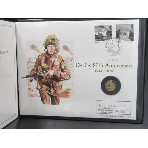 186 - Harrington & Byrne 2024 80th Anniversary of D-Day Hand Painted Gold Proof Sovereign Coin Cover, limi... 