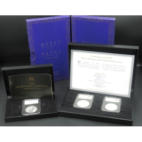 194 - Two Royal Canadian Mint Queen Elizabeth II 1952-2022 fine silver three-coin sets, both cased in slip... 