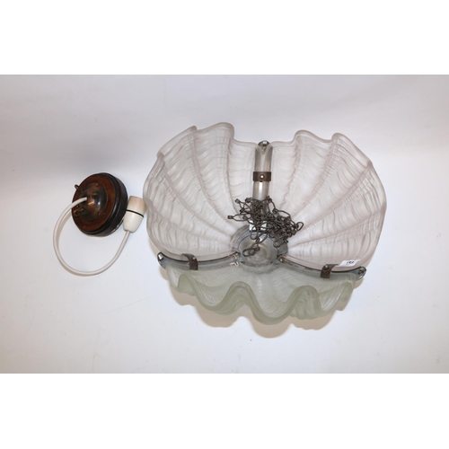 158 - Art Deco frosted glass and chrome ceiling light, the glass panels modelled as clam shells, with chai... 