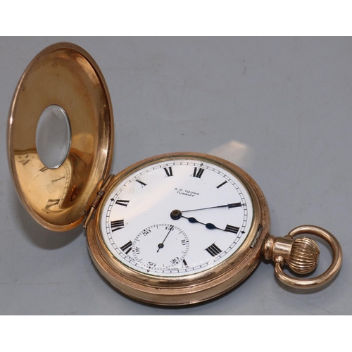 228 - R. S. retailed by A. D. Young Turriff rolled gold half hunter keyless pocket watch, signed white ena... 