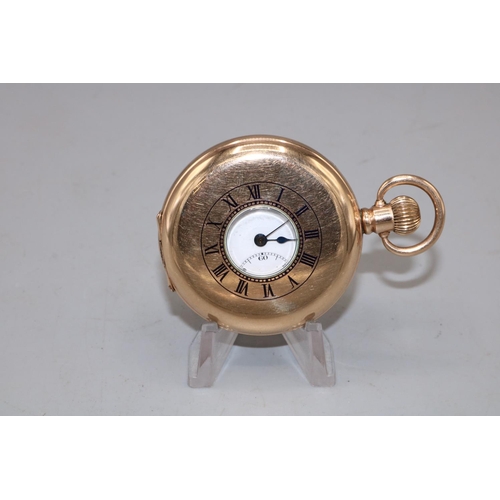 228 - R. S. retailed by A. D. Young Turriff rolled gold half hunter keyless pocket watch, signed white ena... 