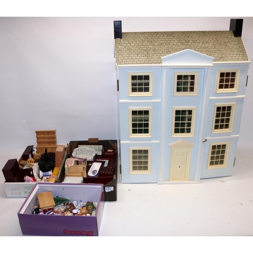 235 - Modern three-storey six-room dolls house, and a collection of dolls and dolls house furniture (qty)