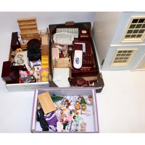 235 - Modern three-storey six-room dolls house, and a collection of dolls and dolls house furniture (qty)