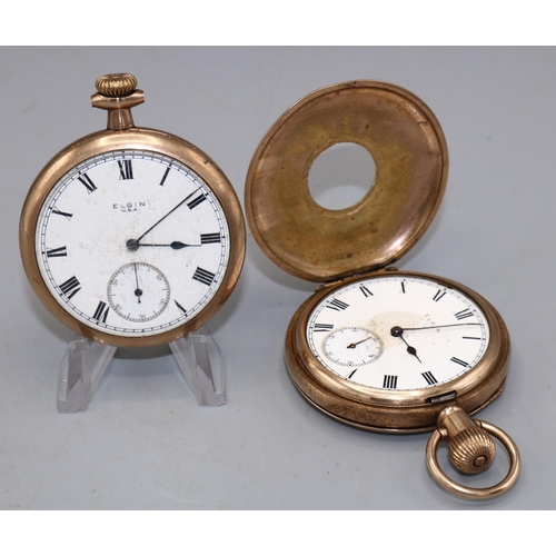 236 - Elgin rolled gold keyless half hunter pocket watch, signed wite enamel Roman dial with subsidiary se... 