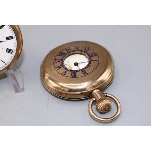 236 - Elgin rolled gold keyless half hunter pocket watch, signed wite enamel Roman dial with subsidiary se... 