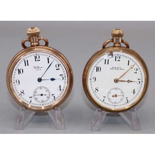 237 - Waltham Traveller rolled gold keyless pocket watch, signed white enamel Roman dial with subsidiary s... 