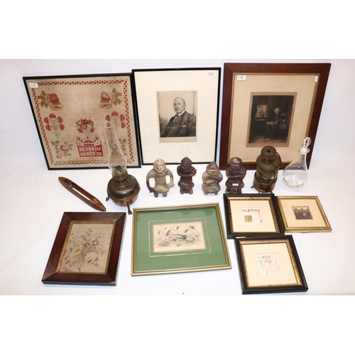 258 - Various collectables incl. carved soapstone figures, H20cm; oil lantern; wooden weaving shuttle stam... 