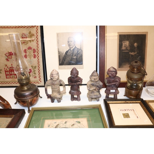 258 - Various collectables incl. carved soapstone figures, H20cm; oil lantern; wooden weaving shuttle stam... 