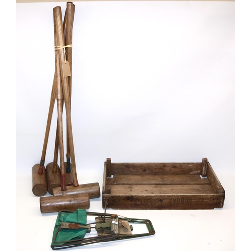 274 - Five croquet mallets; a crate stamped 'Cadbury Typhoo Ltd'; etc. (7)