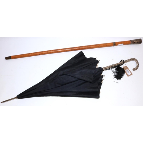 285 - Malacca cane with white metal knop and belt collar, L90cm, and a Victorian style black parasol (2)