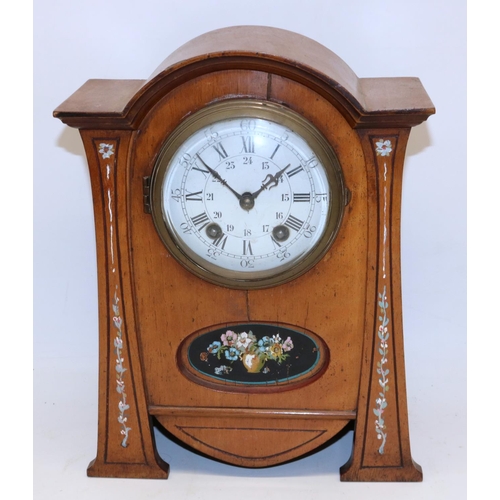 308 - C19th continental Art Nouveau mahogany mantel clock with painted decoration, brass bezel enclosing 4... 