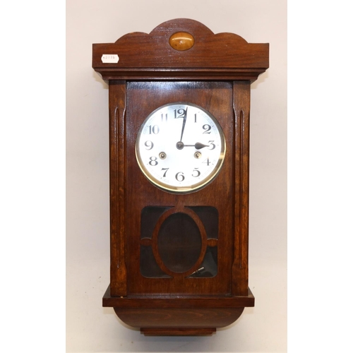 313 - C20th continental beech wall clock, glazed panel door enclosing 5 3/4