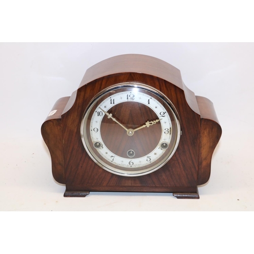 314 - 1930's  Bentima/Pervale walnut chiming mantel clock, chrome plated bezel enclosing silvered Arabic c... 