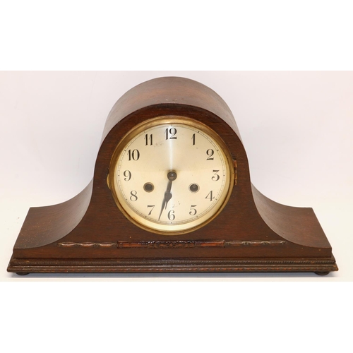 322 - 1930's continental oak striking mantel clock, brass bezel enclosing 5 1/2