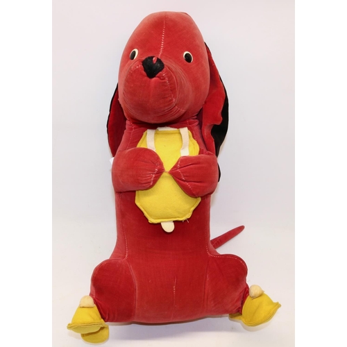 492 - Merrythought red dog soft toy with yellow slippers and hot water bottle, height approx 55cm