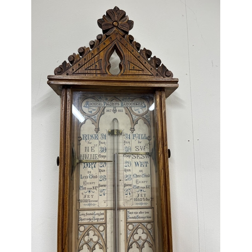 310 - Late C19th oak Admiral Fitzroy's Barometer, carved gothic case enclosing paper register no. 367815, ... 