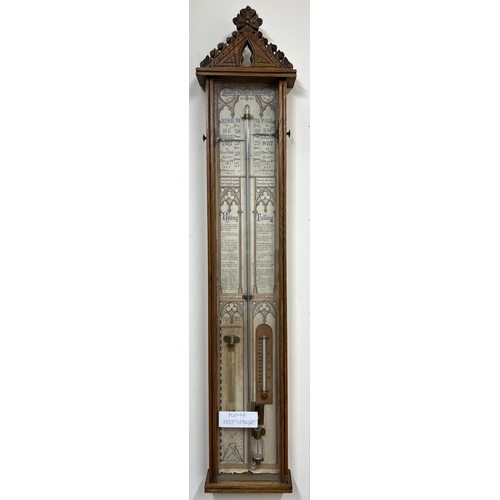 310 - Late C19th oak Admiral Fitzroy's Barometer, carved gothic case enclosing paper register no. 367815, ... 