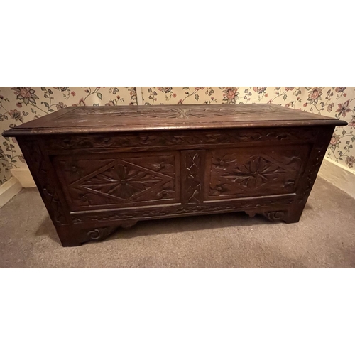 609 - WITHDRAWN - C20th carved oak rectangular blanket box, with hinged lid and two panel front, W107cm D4... 