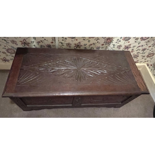 609 - WITHDRAWN - C20th carved oak rectangular blanket box, with hinged lid and two panel front, W107cm D4... 