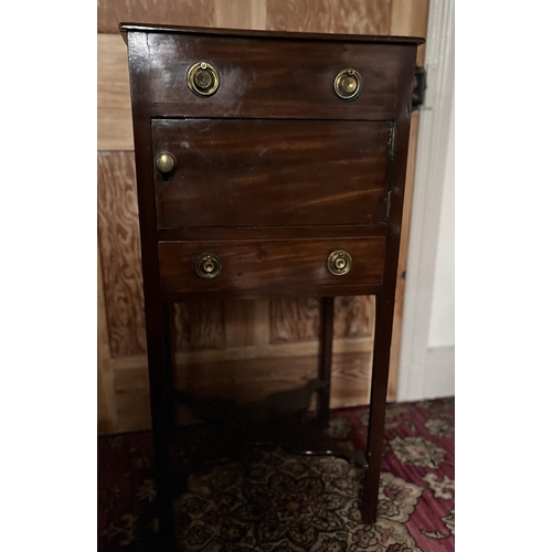 612 - George III mahogany washstand, with single door and drawer on square supports joined by a shaped str... 