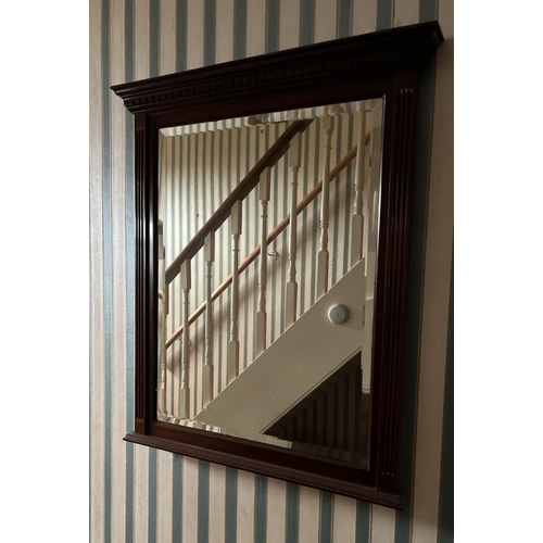 613 - Edwardian mahogany wall mirror, bevelled plate with dentil cornice and fluted supports, W61cm H73cm