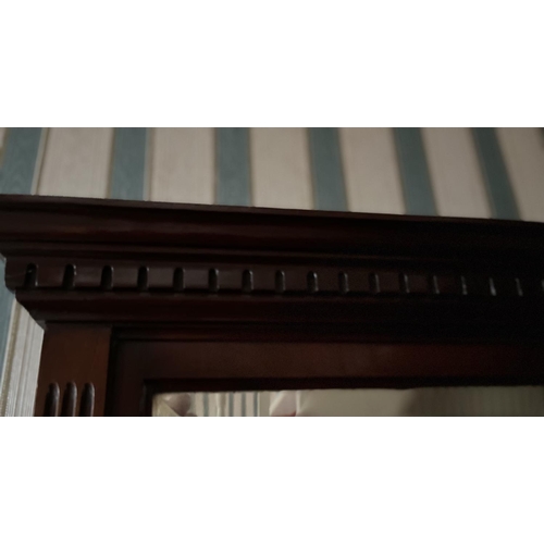 613 - Edwardian mahogany wall mirror, bevelled plate with dentil cornice and fluted supports, W61cm H73cm