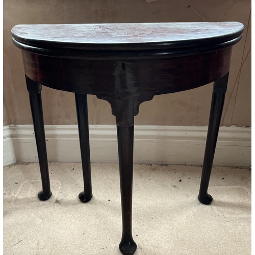 614 - George II mahogany tea table, double fold D shape top on turned supports with pad feet, W75cm D75cm ... 