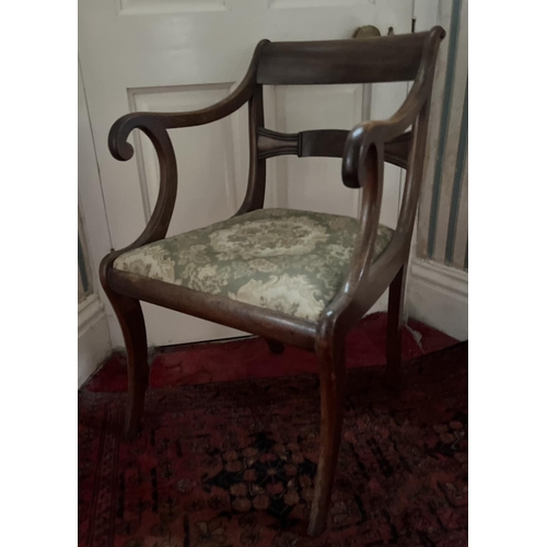 617 - C19th mahogany elbow chair, horizontal tablet splat with drop in seat on saber legs