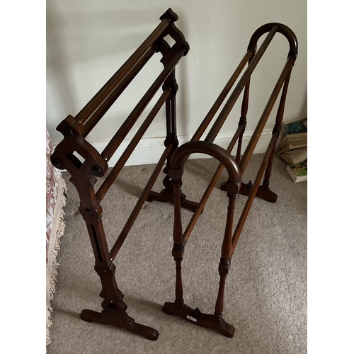 623 - Victorian mahogany towel rail on Gothic end supports, and another Victorian towel rail on curved sup... 