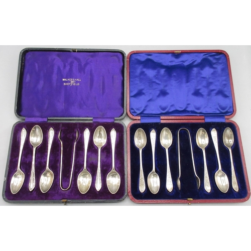 105 - Cased set of six George V silver hallmarked teaspoons with sugar tongs, by Walker & Hall, Sheffield,... 