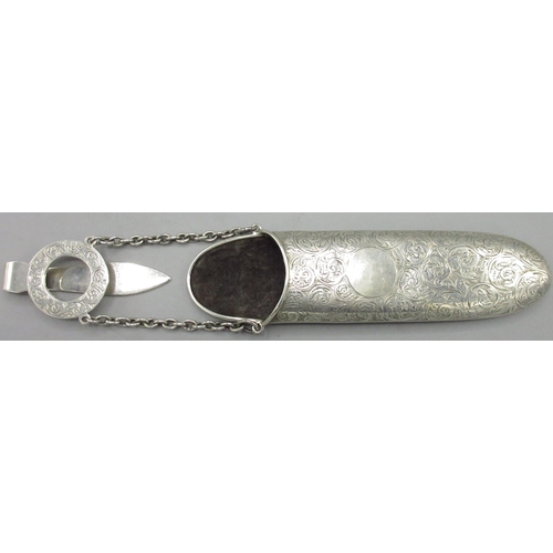 107 - Victorian hallmarked silver spectacle case with chatelaine clip, the body engraved with scroll work ... 