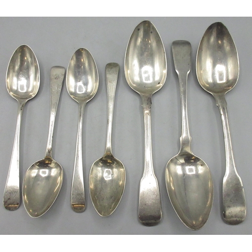 109 - Three George III hallmarked silver Fiddle pattern tablespoons, by Thomas Purver London 1816, four sm... 