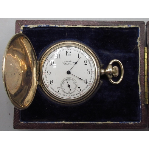 119 - Waltham 'Lady Waltham' rolled gold Hunter fob watch, white enamel Arabic dial with subsidiary second... 