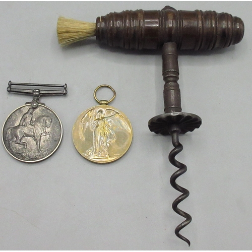 208 - Late C19th/early C20th mahogany handled corkscrew with bristle end, of turned barrel form with steel... 