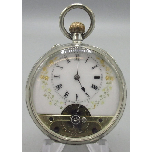 212 - Hebdomas type 8 day silver keyless pin set open faced pocket watch, white enamel Roman dial with vis... 