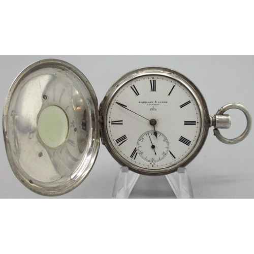 215 - Barraud & Lunds silver key wound half hunter pocket watch, signed white enamel dial with subsidiary ... 