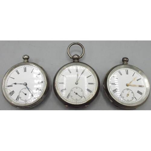 222 - Swiss white metal key wound pocket watch, white enamel Roman dial with subsidiary seconds, engine tu... 