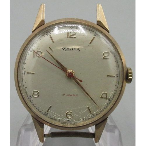 295 - Majex gold wristwatch, signed silvered Arabic and baton dial with centre seconds, two piece BWC case... 