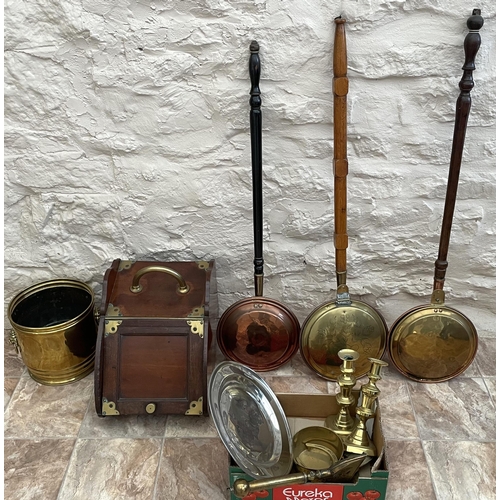 328 - Victorian wooden coal box with brass mounts and handle, and a collection of mixed metalware incl. th... 