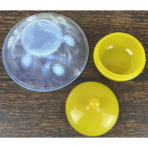 340 - Opalescent art glass bowl decorated with fir cones, probably Jobling, and an Art Deco yellow glass p... 