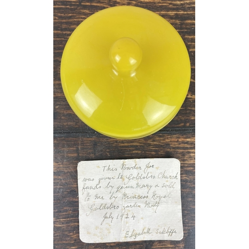 340 - Opalescent art glass bowl decorated with fir cones, probably Jobling, and an Art Deco yellow glass p... 