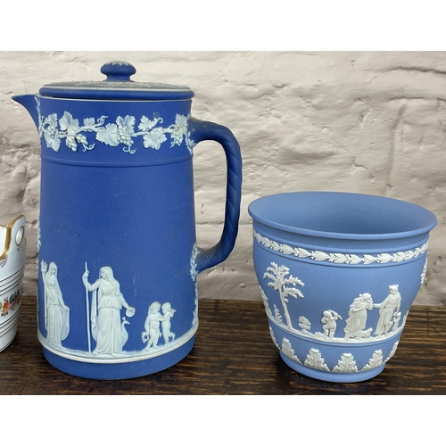 344 - Wedgwood blue dipped jasperware jug and cover, H20cm, salt glazed stoneware jelly mould, jasperware ... 