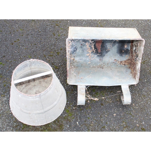 1300 - Galvanized hook on feeding trough 38cm x 23cm and a galvanized bucket scoop