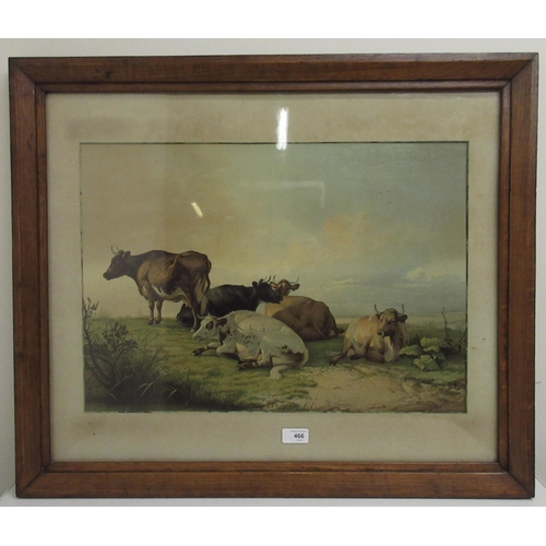 466 - After Thomas Sidney Cooper (British 1803-1902); Cattle grazing in a landscape, oleograph, 40cm x 56c... 